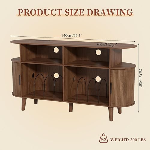 Miniatura 2 de Soporte grande para tocadiscos de nogal con estación de carga, mesa giratoria de mediados de siglo, armario de almacenamiento para tocadiscos de