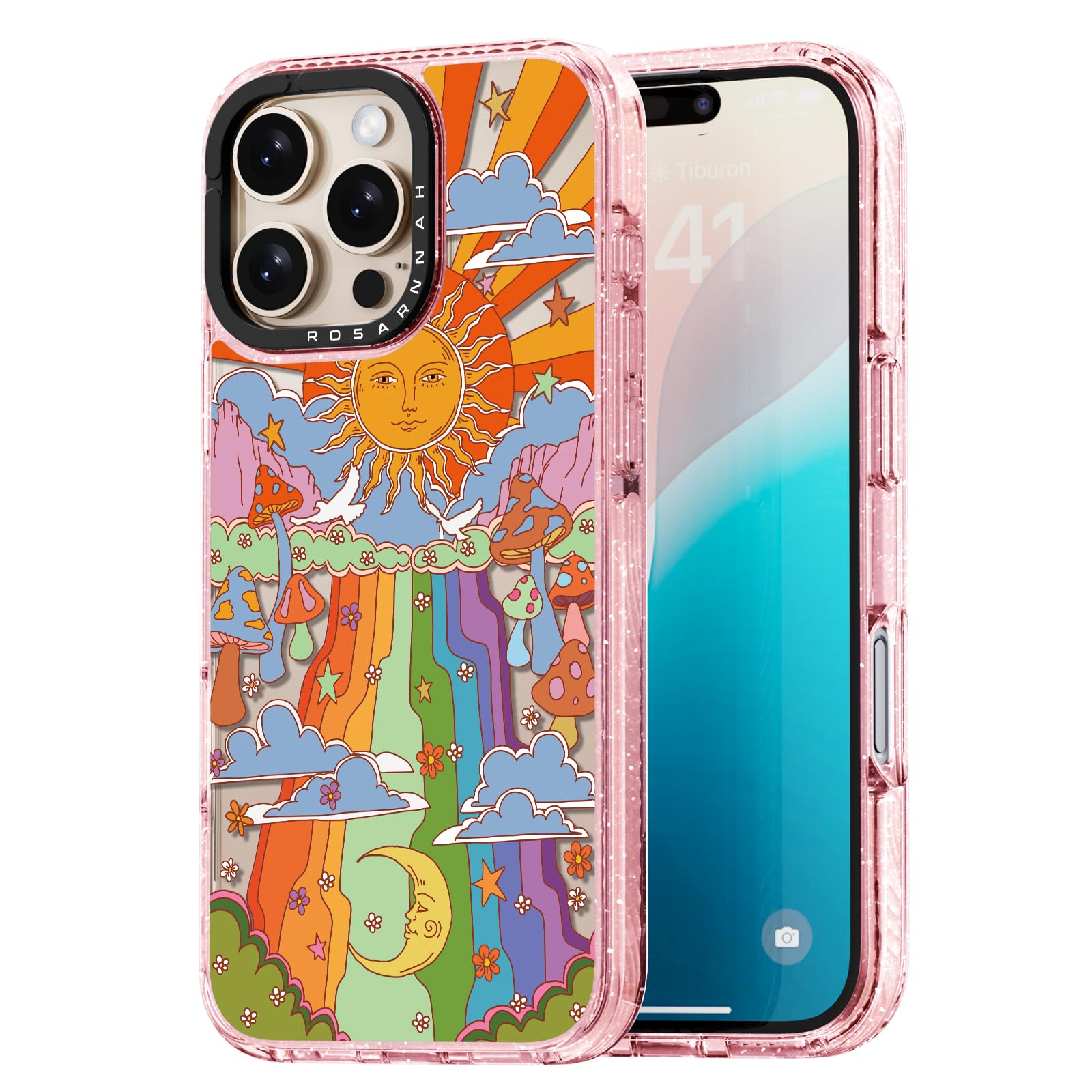 Rosarnnah for iPhone 16 Pro Max Case Cute - Durable Shockproof 6.6 ft Drop Impact Phone Case - Funny Mushroom Design (6.9") Glitter Pink