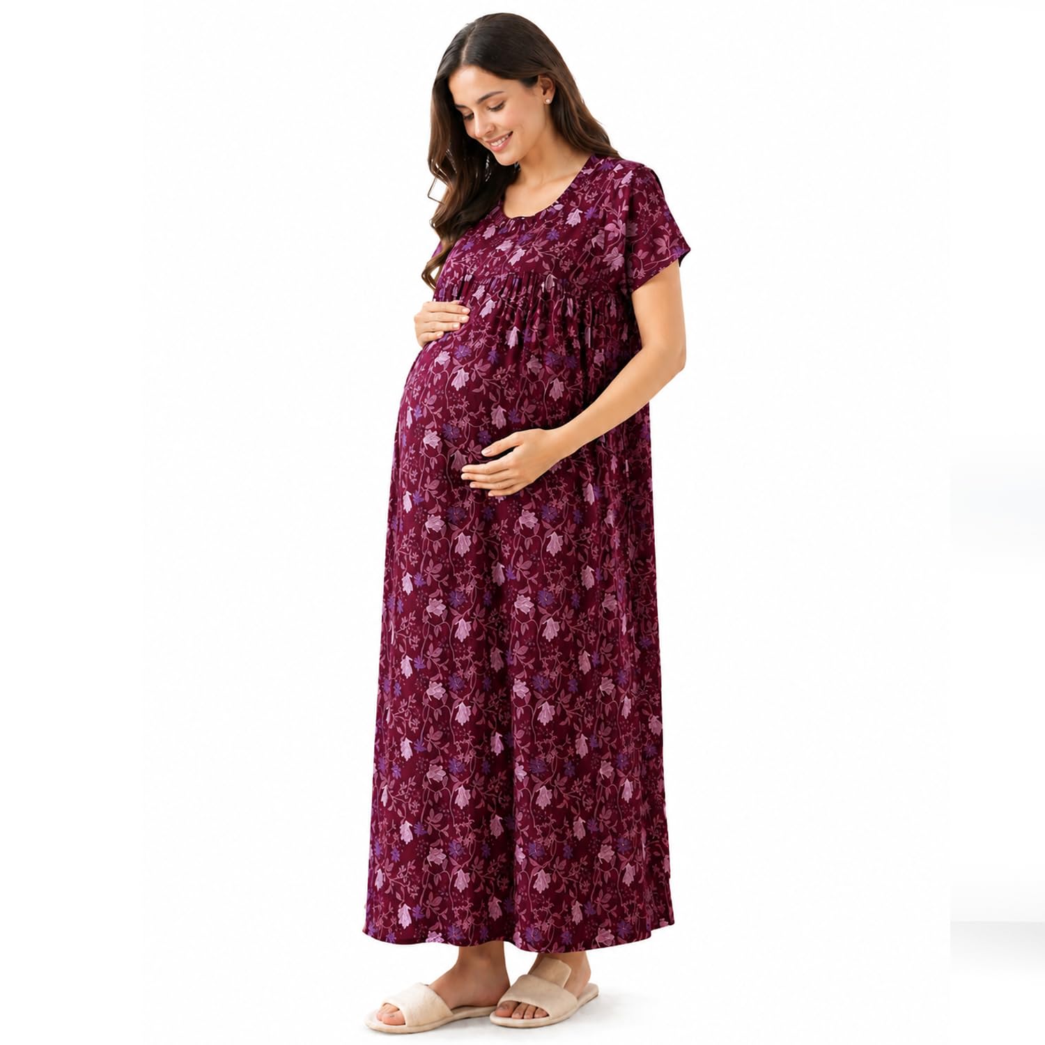 Women's Cotton Maxi Maternity Nighty/Feeding Nighty/Pregnancy Night Gown/A-Line Nursing Nighty with Zippers for Nursing Pre and Post Pregnancy-image-13