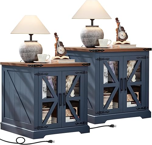 Juego de 2 mesas auxiliares de granja con estación de carga, mesa auxiliar de sofá grande de 24 pulgadas con puerta de granero de cristal, mesita de