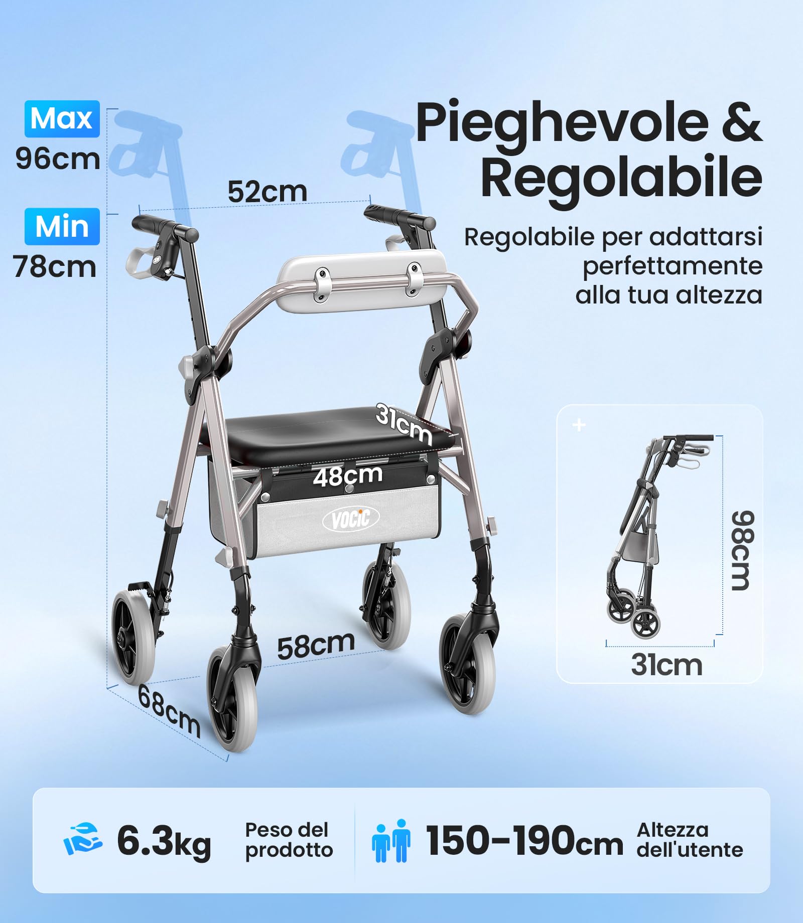 VOCIC Deambulatore pieghevole e leggero con seduta, 6,3 kg ultraleggero | Deambulatore per anziani, max 150 kg, sedile ergonomico, altezza regolabile, walker stretto per casa & viaggi, argento