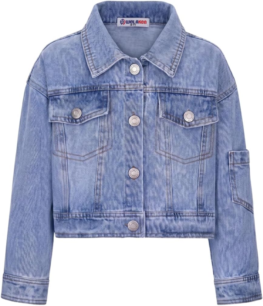 WELAKEN Print Denim Jacket for Girls & Kids II Little Girl's Button Down Crop Jean Jacket Coat