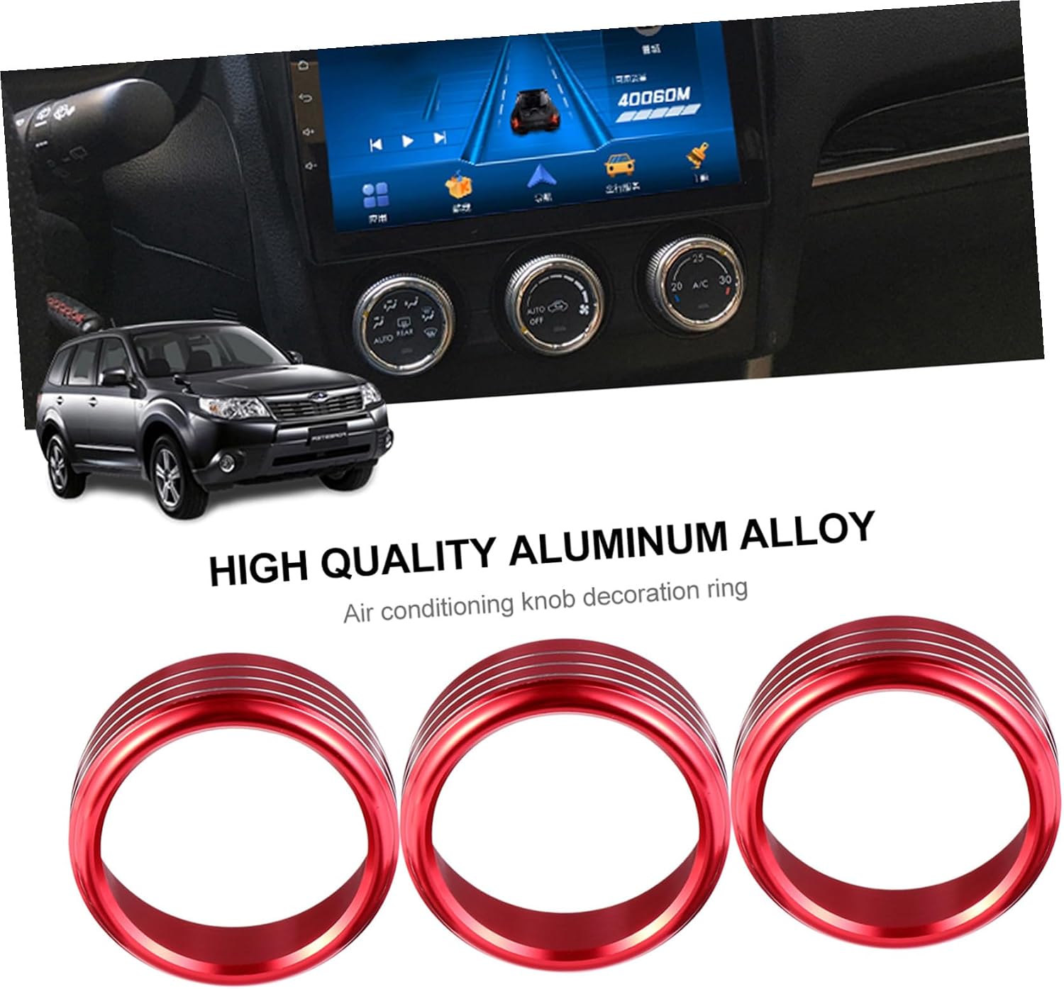 Car Air Conditioner Knob Ring Covers, 3Pcs Red Aluminum Alloy Trim