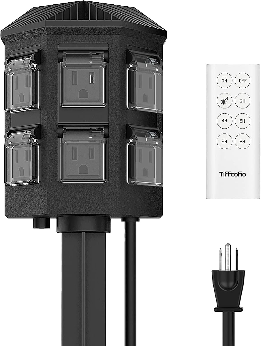 Outdoor Power Stake Timer, 100FT Remote Control, Dusk to Dawn Christmas Light Timer, 6FT Extension Cord Waterproof, 6 Grounded Outlets for Outdoor Christmas Decorations, ETL Listed