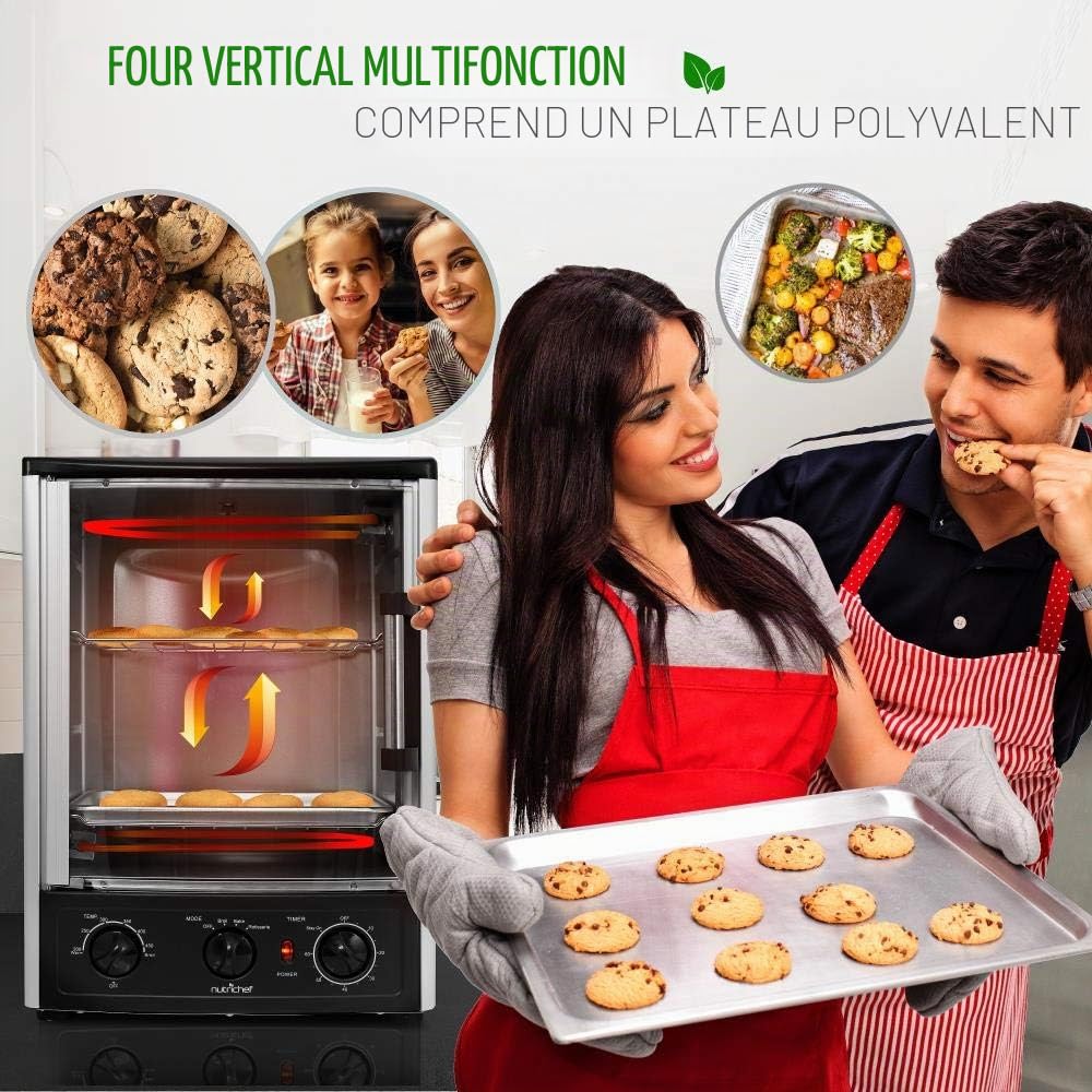 NutriChef Four Rotissoire 24QT, 22L – Mini Four de Comptoir à Convection avec Grill, Minuteur, Thermostat Réglable, Porte Vitrée, Cuisson Uniforme, Rôtissoire Verticale Incluse