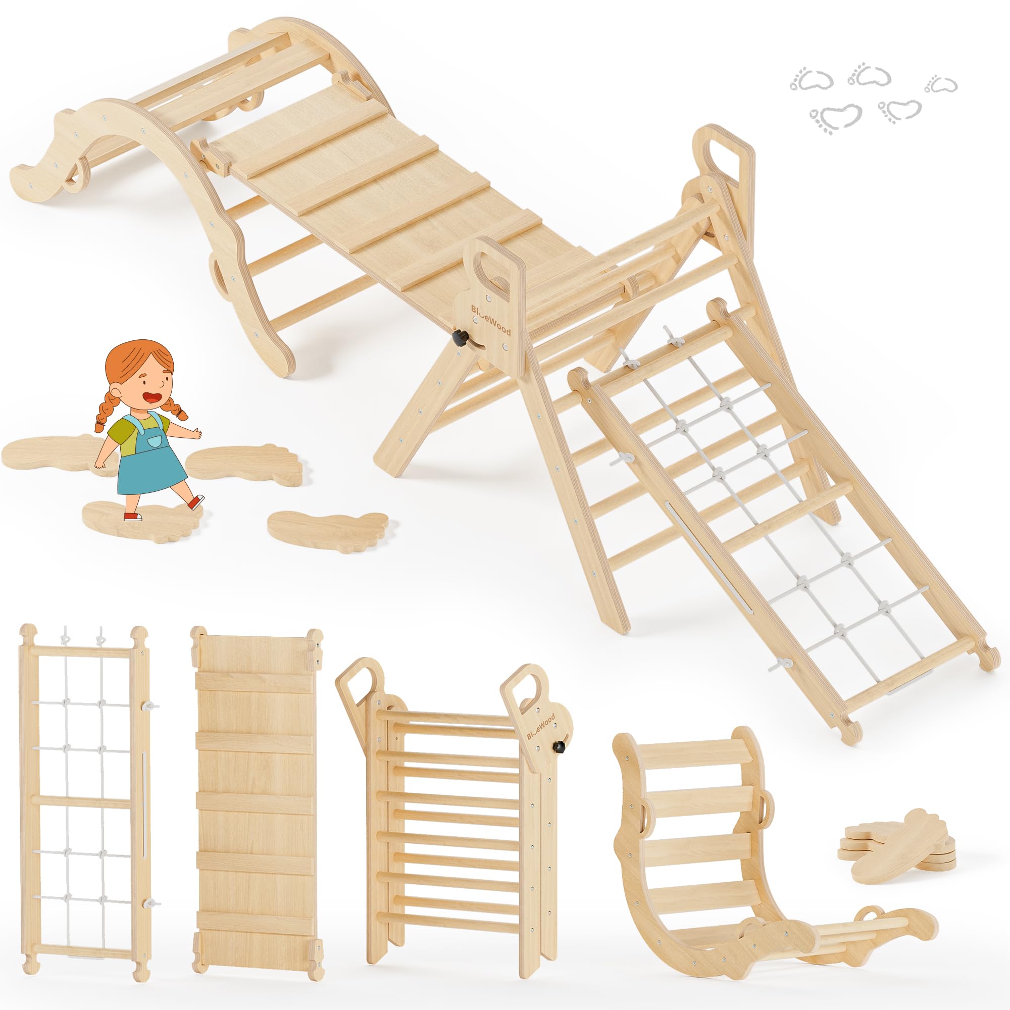 BlueWood 10-in-1 Pikler Triangle Set, Climbing Toys for Kids Natural Rustic