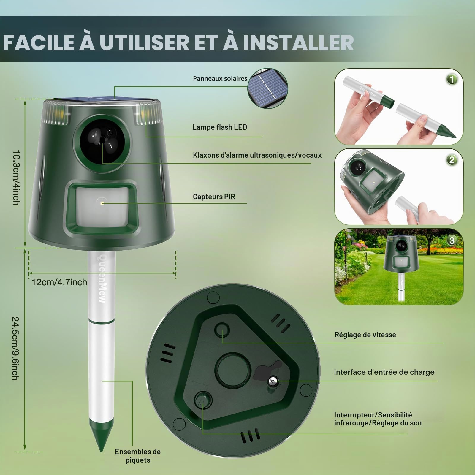 Ultrason Chat Exterieur, Repulsif Chat Ultrason, 5 Modi Einstellbar Marderschreck, Solarladung Ultrason Chat Exterieur, 360° Effektiv für Katzen, Hunde, Vögel, Mäuse