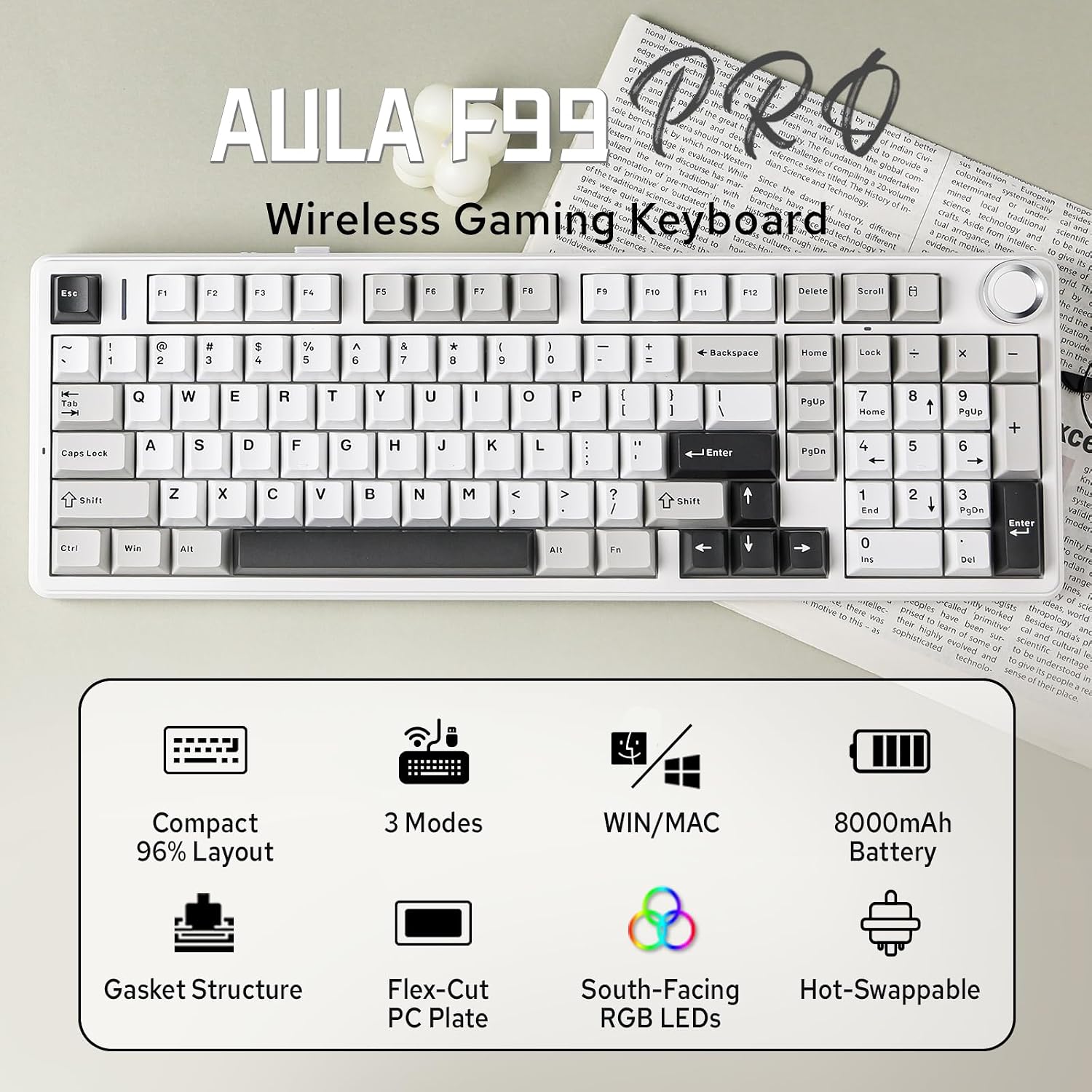 MechLands Aula F99 PRO 96% Mechanical Gaming Keyboard, BT5.0/USB-C/2.4GHz Wireless, Hot Swappable Gasket Custom Keyboard with 8000mAH Battery, Rotary Knob, RGB Backlit for Win/Mac (White Grey)