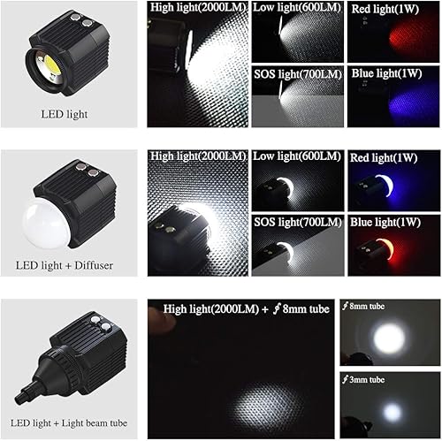Vista 5 de Luz de video de buceo impermeable de 195 pies/196.9 ft, blanco, rojo, azul, mini cubo, luces LED para cámara con cabeza de bola, adaptador de zapata