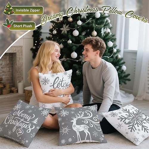 Miniatura 6 de Artmag Juego de 4 fundas de almohada de Navidad de 16 x 16 pulgadas, diseño de copos de nieve Let it Snow Moose en invierno, vacaciones, color gris,