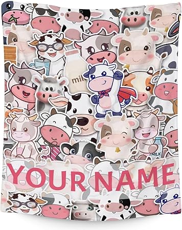 Personalized Cow Blanket Gifts with Name - 30"x40" Cute Throw for Women, Girls - Colorful Soft Fuzzy Blankets for Couch & Office