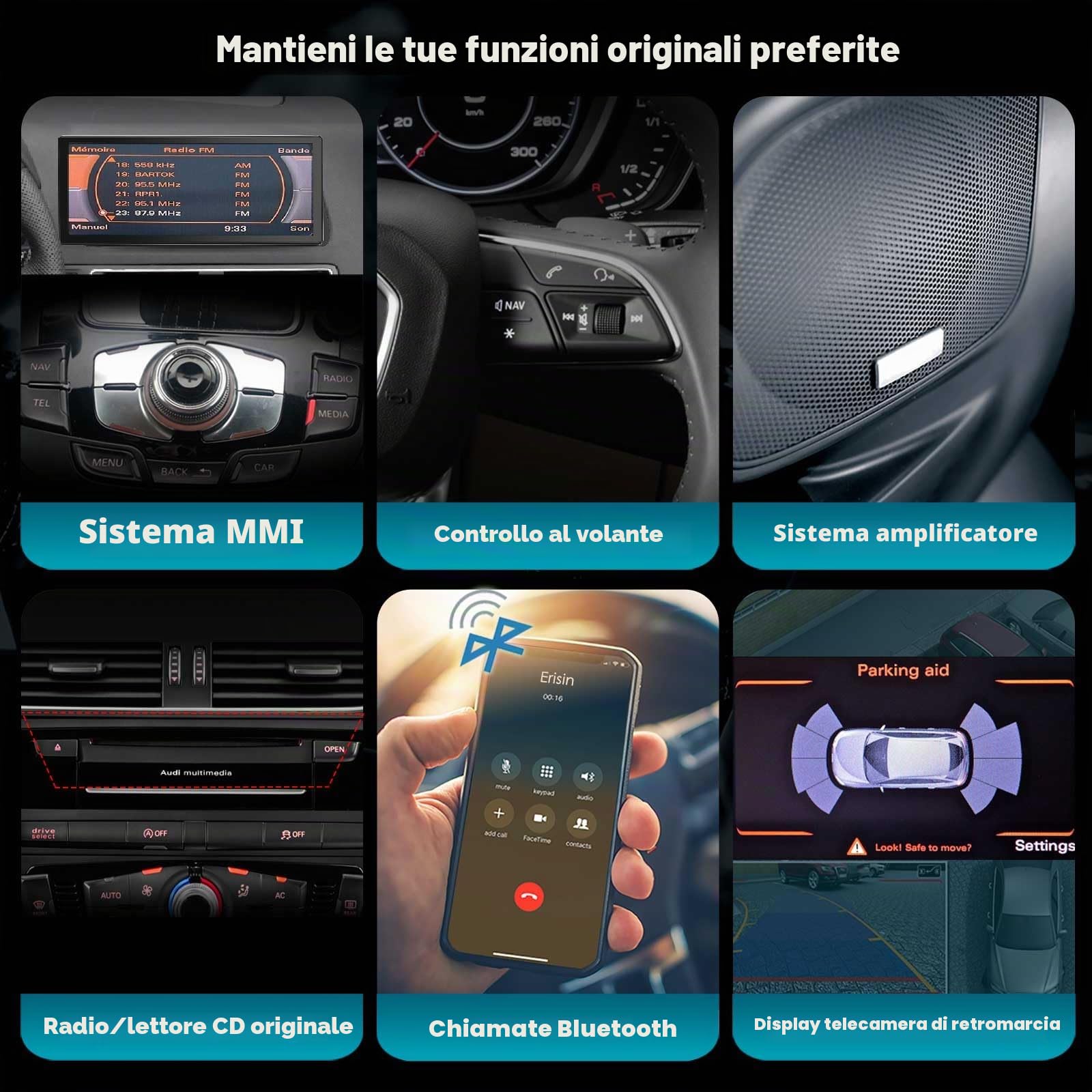 Erisin 10,25 pollici 8-Core 4GB+64GB Android 14 Autoradio 1 Din con Schermo GPS Navigatore per Audi Q5 2009-2016 Supporta CarPlay senza fili Android Auto Bluetooth 5.0 WiFi DAB+ USB DSP DVR OEM MMI