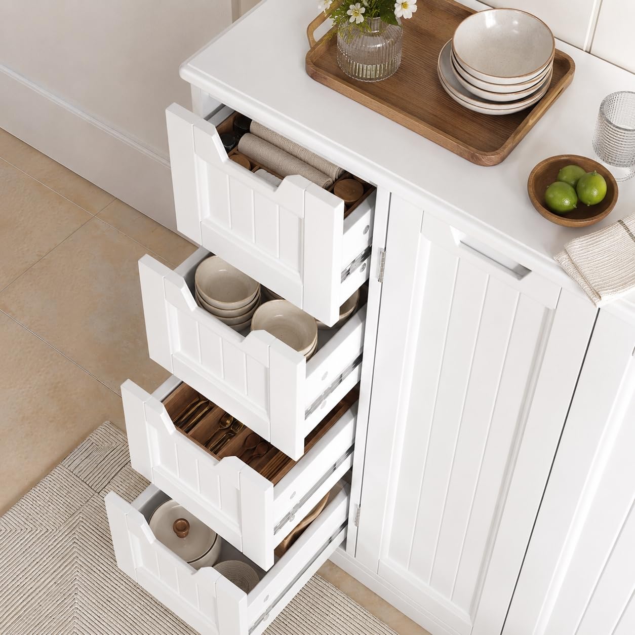 Xbro Küchenschrank, Sideboard mit 4 Schubladen und 2 Türen, Buffetschrank mit verstellbarem Einlegeboden, Aufbewahrungsschrank für Küche, Esszimmer und Wohnzimmer, 81 x 30 x 83 cm, Weiß