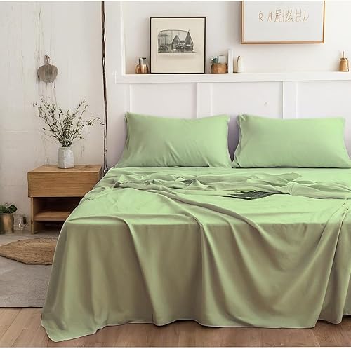 Miniatura 6 de Tache 202-SG-BSS-K - Juego de sábanas bajeras y planas de 4 piezas, color verde pastel claro, tamaño King, color verde