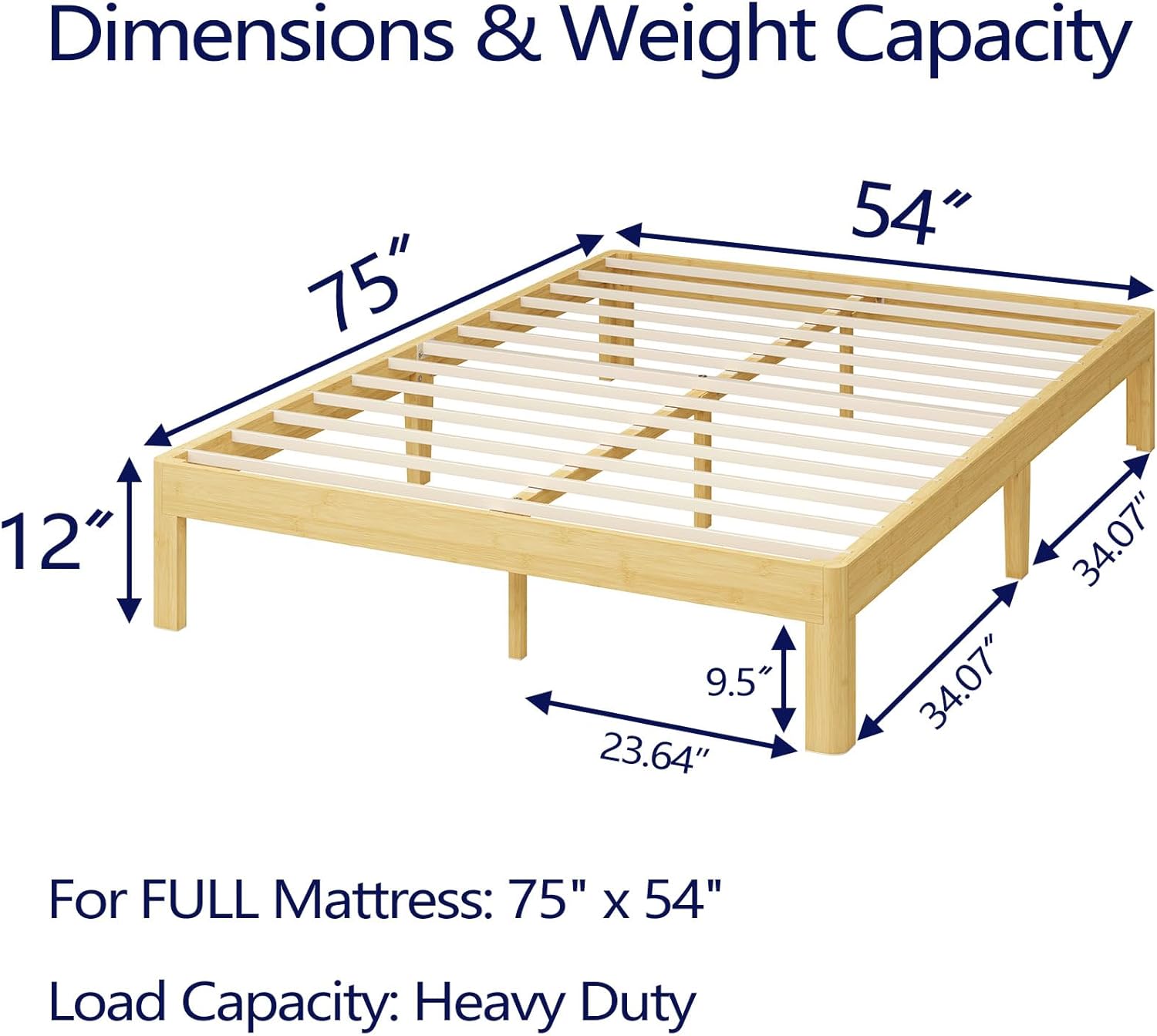 12 Inch High Bamboo Wood Heavy Duty Full Size Bed Frame No Box Spring Needed, Platform Bed Frame Full Size with Metal Slats Support, Easy to Install, Noise Free, Sturdy - Image 2
