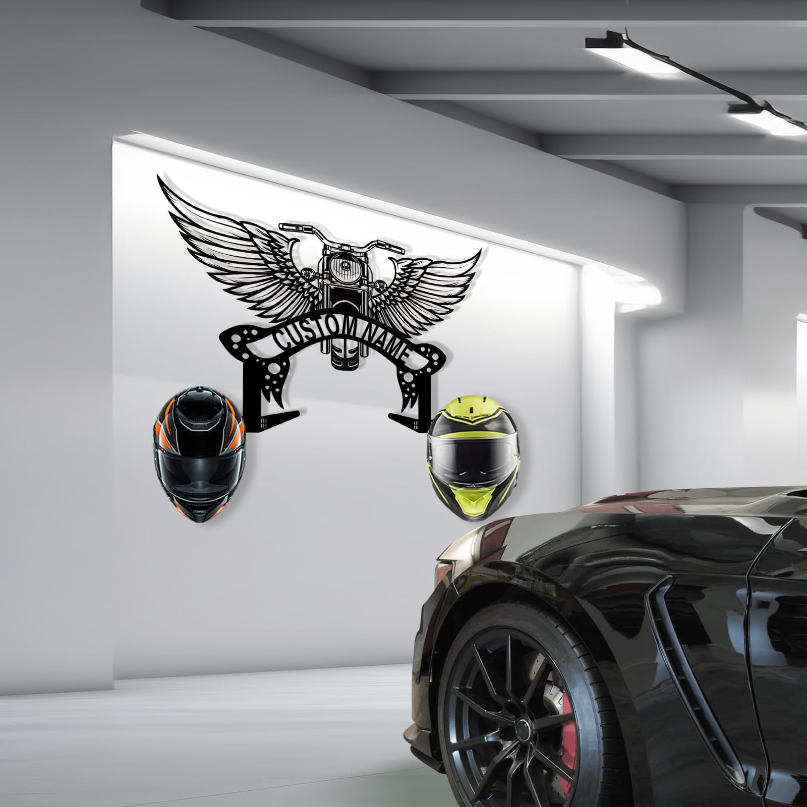 Custom Metal Motorcycle Helmet Holder Wall Mount, Personalized Name Motorcycle Helmet Rack with 2 Hooks, Motorcycle Accessories for Men, Helmet Hanger for Clothes, Jacket, Coat, Motorcycle Gear