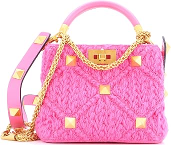 Pre-Loved Roman Stud Top Handle Bag Woven Wool with Leather Small, Pink