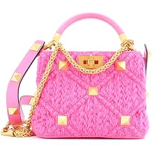 Pre-Loved Roman Stud Top Handle Bag Woven Wool with Leather Small, Pink
