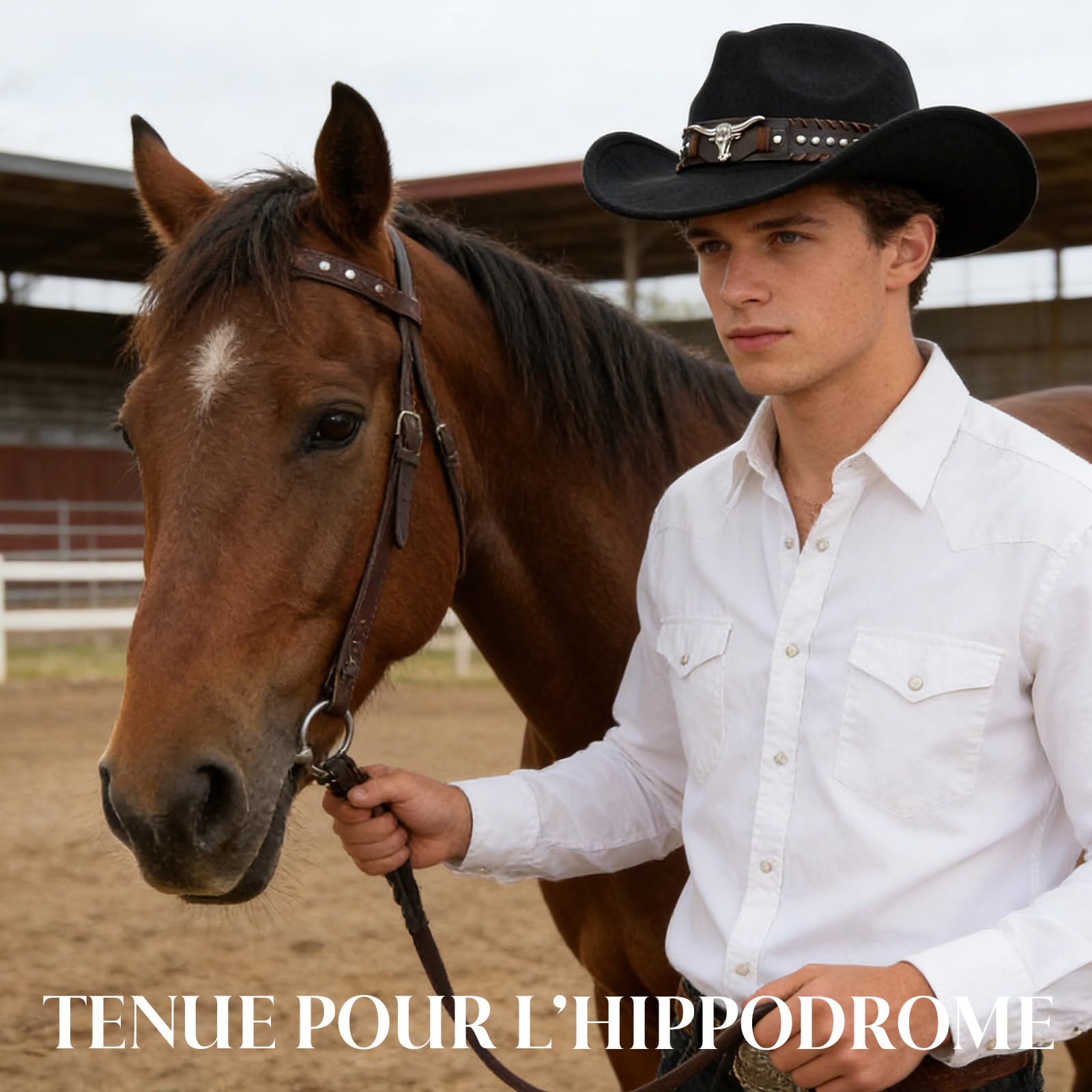 MYKAGS Chapeau de Cowboy en Feutre de Laine de Style Occidental avec Accessoire distinctif en Forme de tête de Taureau Chapeau de Soleil pour l'extérieur Chapeau de Cowboy Unisexe Polyvalent (Noir)