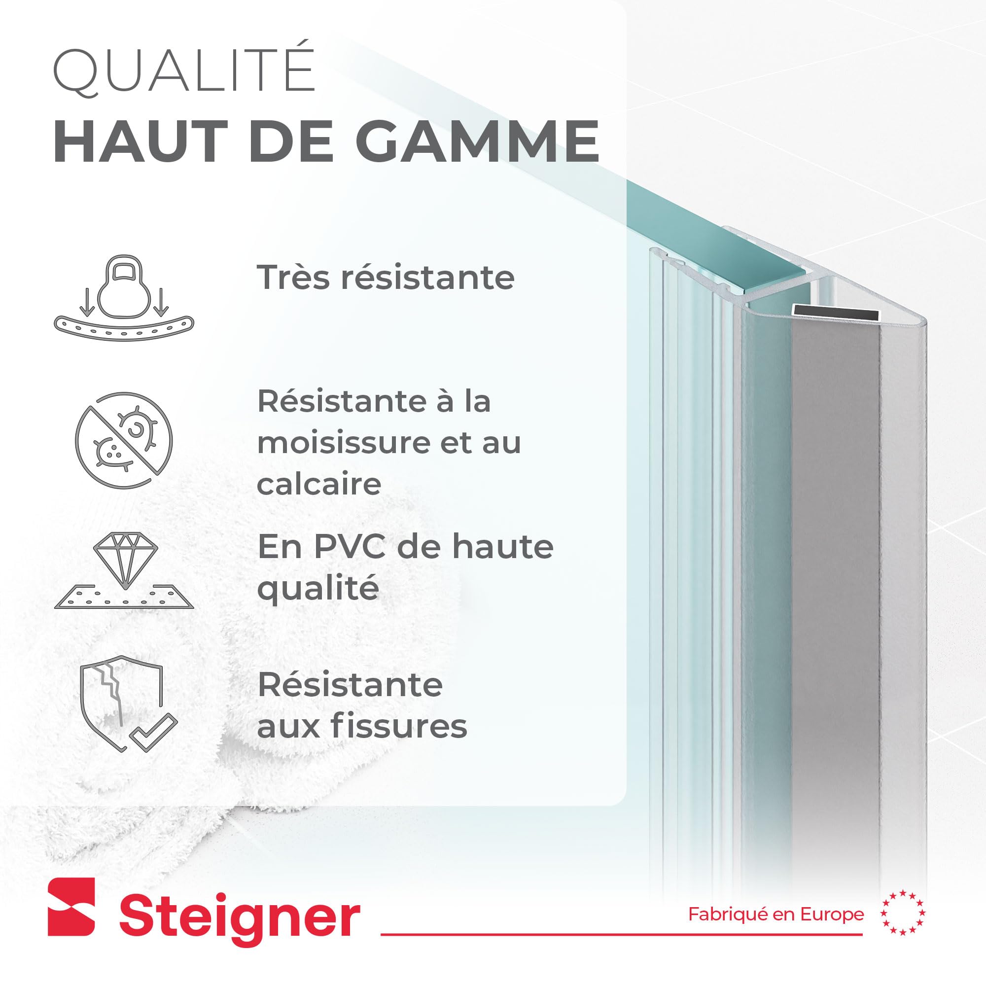 STEIGNER Joint magnetique douche UKM04 185 cm (1 pc.) - Joint porte de douche d’angle, pentagonale, arrondie, en niche ou quart de cercle avec porte 6-8 mm - Étanchéité, Protection contre les fuites