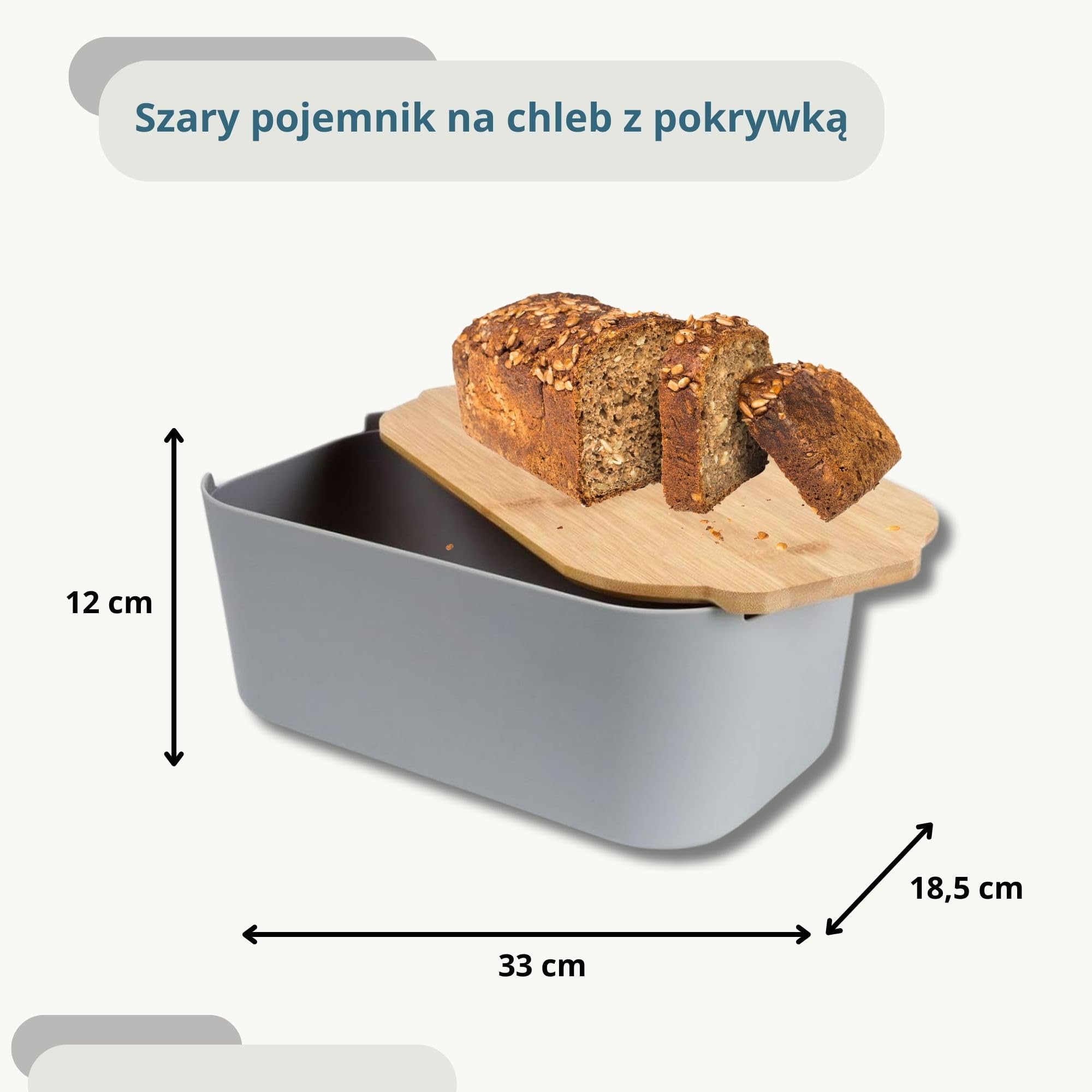 Vilde Chlebak z Drewnianą Deską - Pojemnik na Chleb Szary 33 x 18,5 x 12 cm