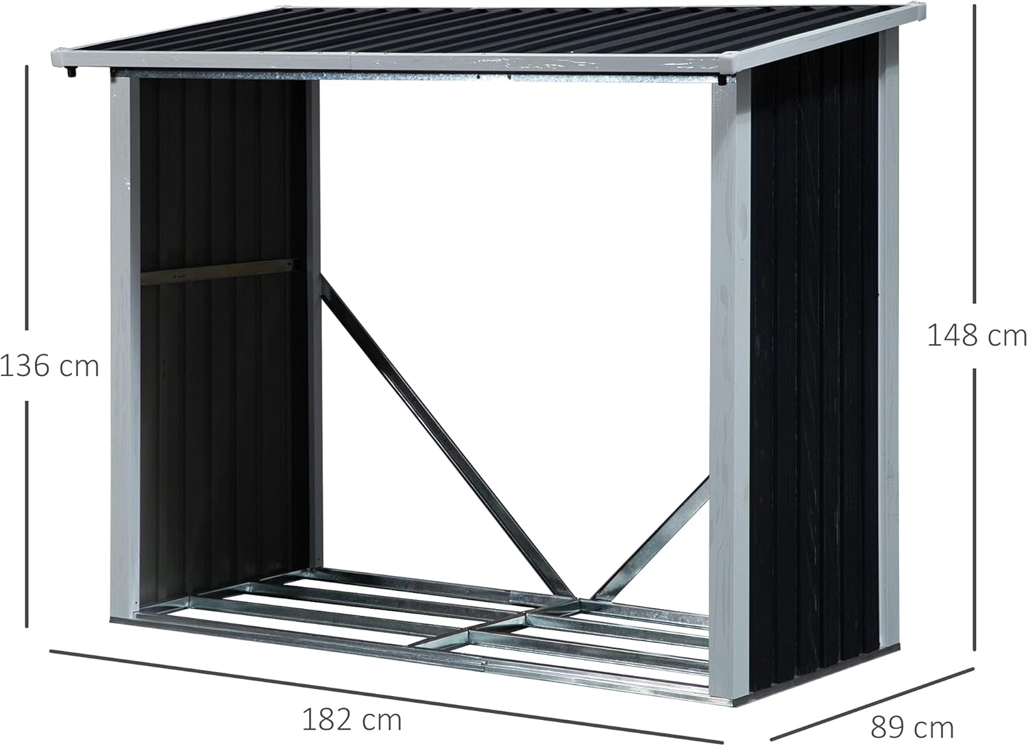 Diagram showing the dimensions of the firewood shed: 182 cm length, 89 cm width, and varying height of 136 cm to 148 cm due to the sloped roof.