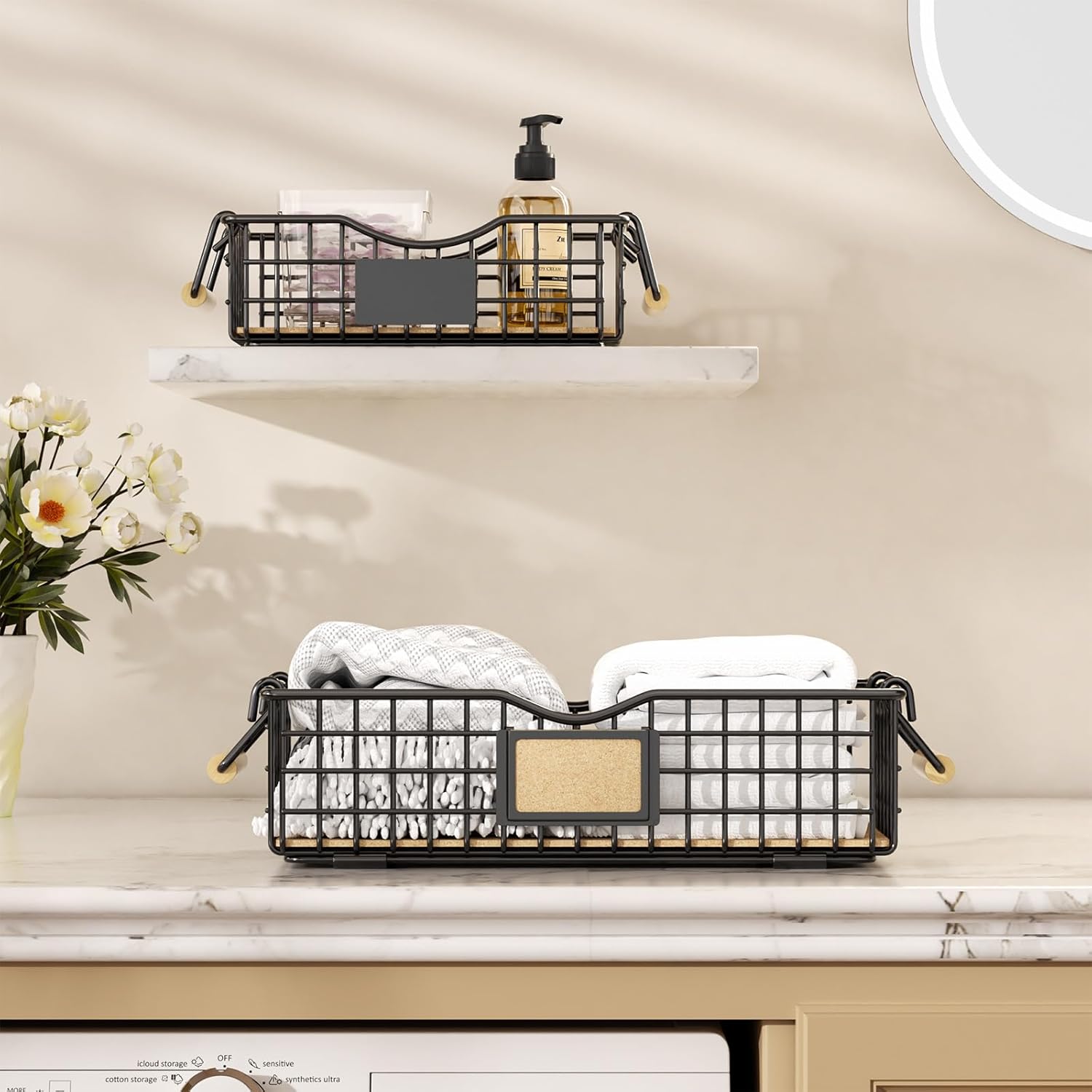 Bathroom Tray and Organizer Basket, 2 Pack Storage Baskets with Wooden Handles, Multipurpose for Bathroom, Coffee Bar, Kitchen cabinet, Living Room - Black