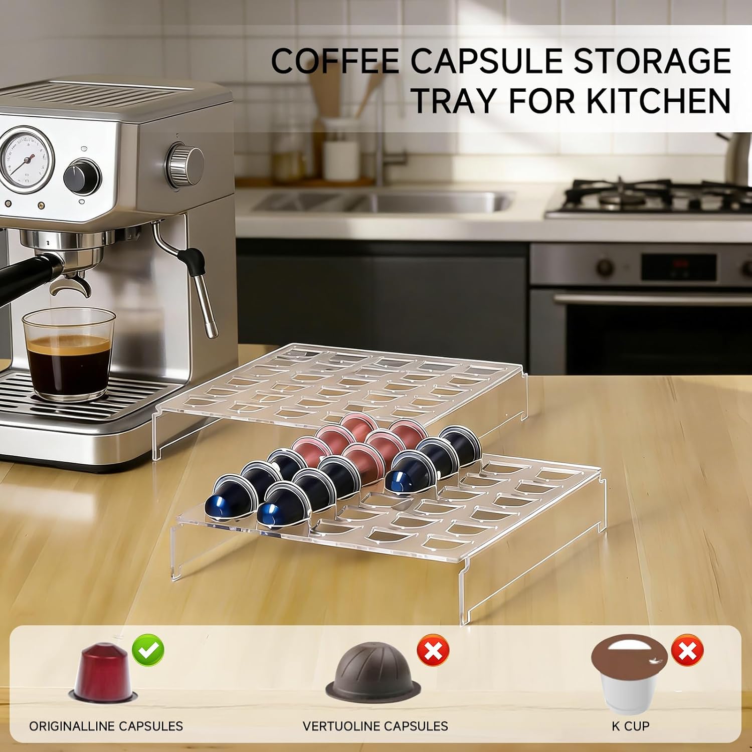 Acrylic Coffee Pod Holder for Nespresso OriginalLine Capsules 2 PCS 60 Pods Capacity for Kitchen Home Office Coffee Bar Countertop Drawer Storage Organizer