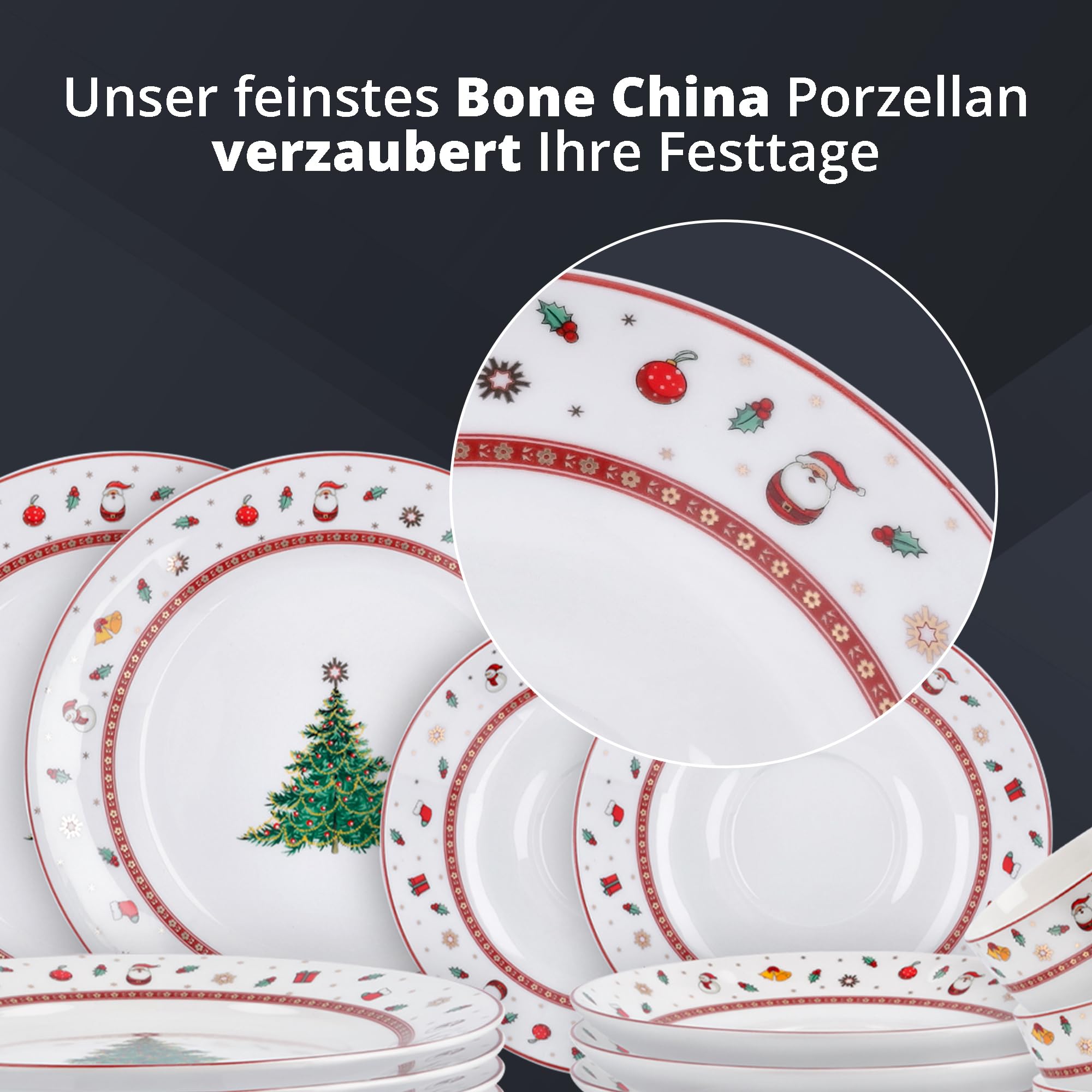 Peill+Putzler Germany Weihnachtsgeschirr,Kaffeeservice mit Weihnachtsmuster, 18-teiliges Geschirrset für Weihnachten, Bon China Porzellan in weiß für 6 Personen, mit Goldrand daher nur Handwäsche