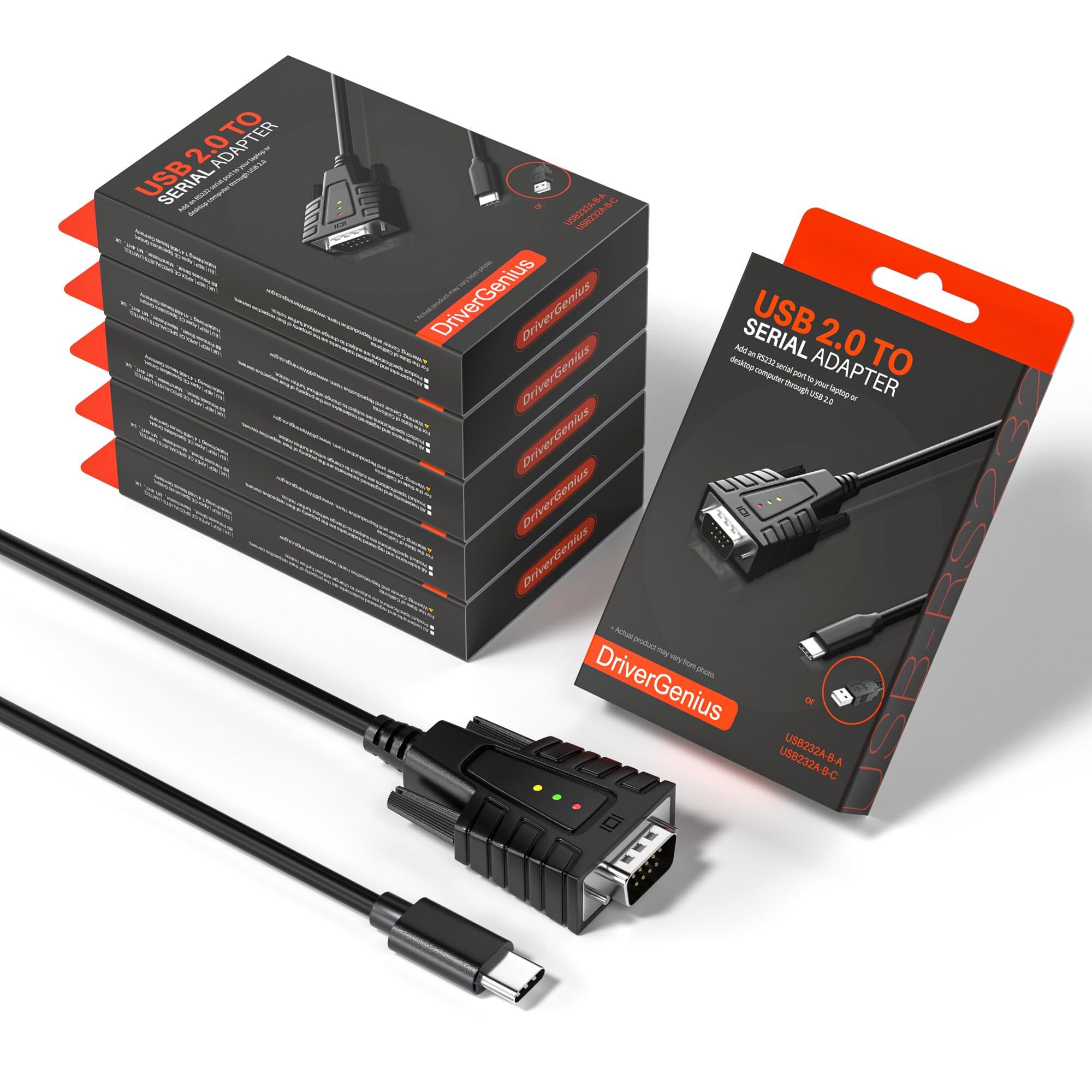 DriverGenius SerialEdgeX Série | USB-C à Série/RS232 Câble Adaptateur (1-Port) – 3 x LED (TX, RX, PWR) – Compatible avec Windows 11, macOS 15【USB232A-B-C, 6 Pièces/Paquet】