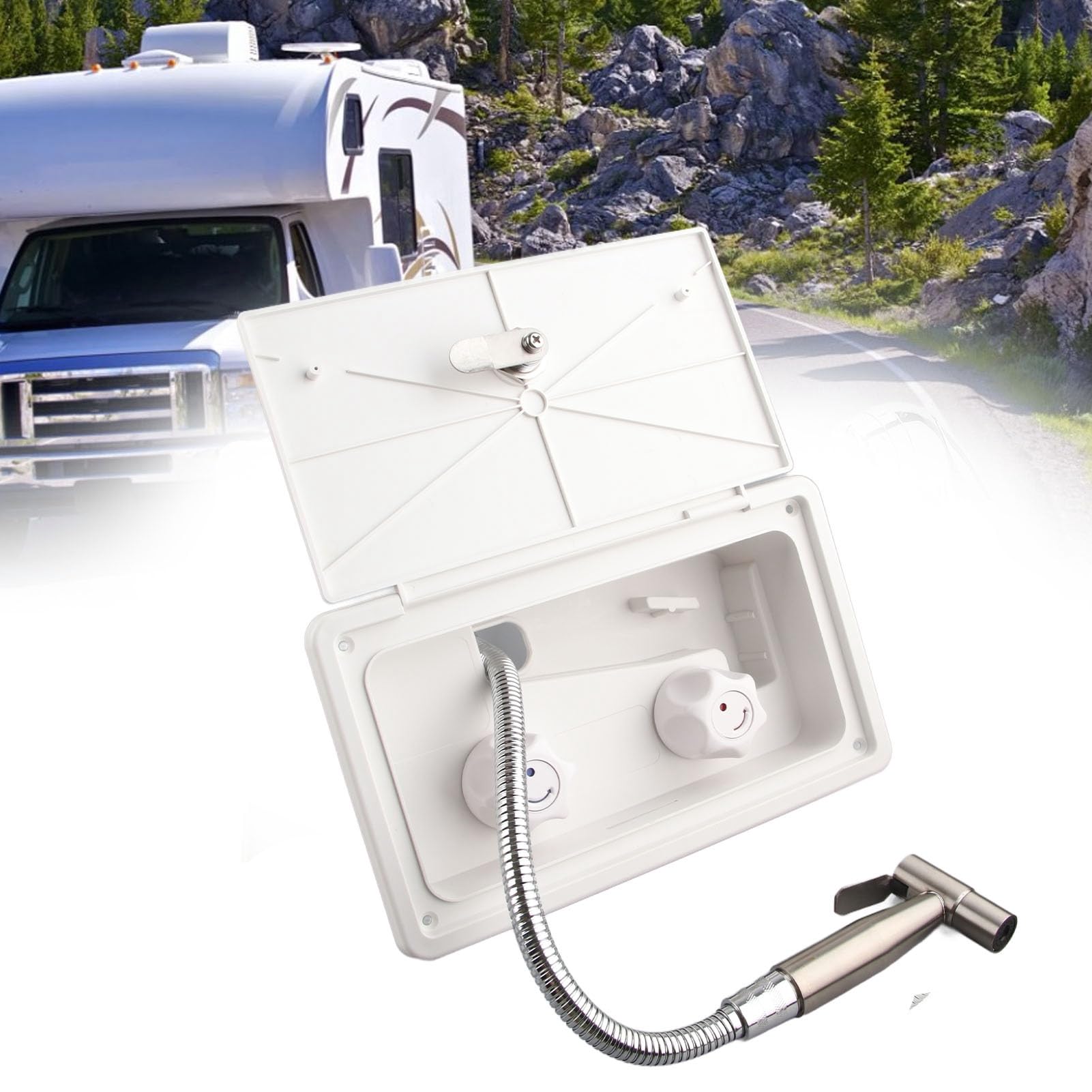 Aramox Juego de ducha exterior para caravana, remolque, caja de ducha exterior, manguera de metal de 1,5 m, caja de pulverización para lavado exterior, color con tubos de metal