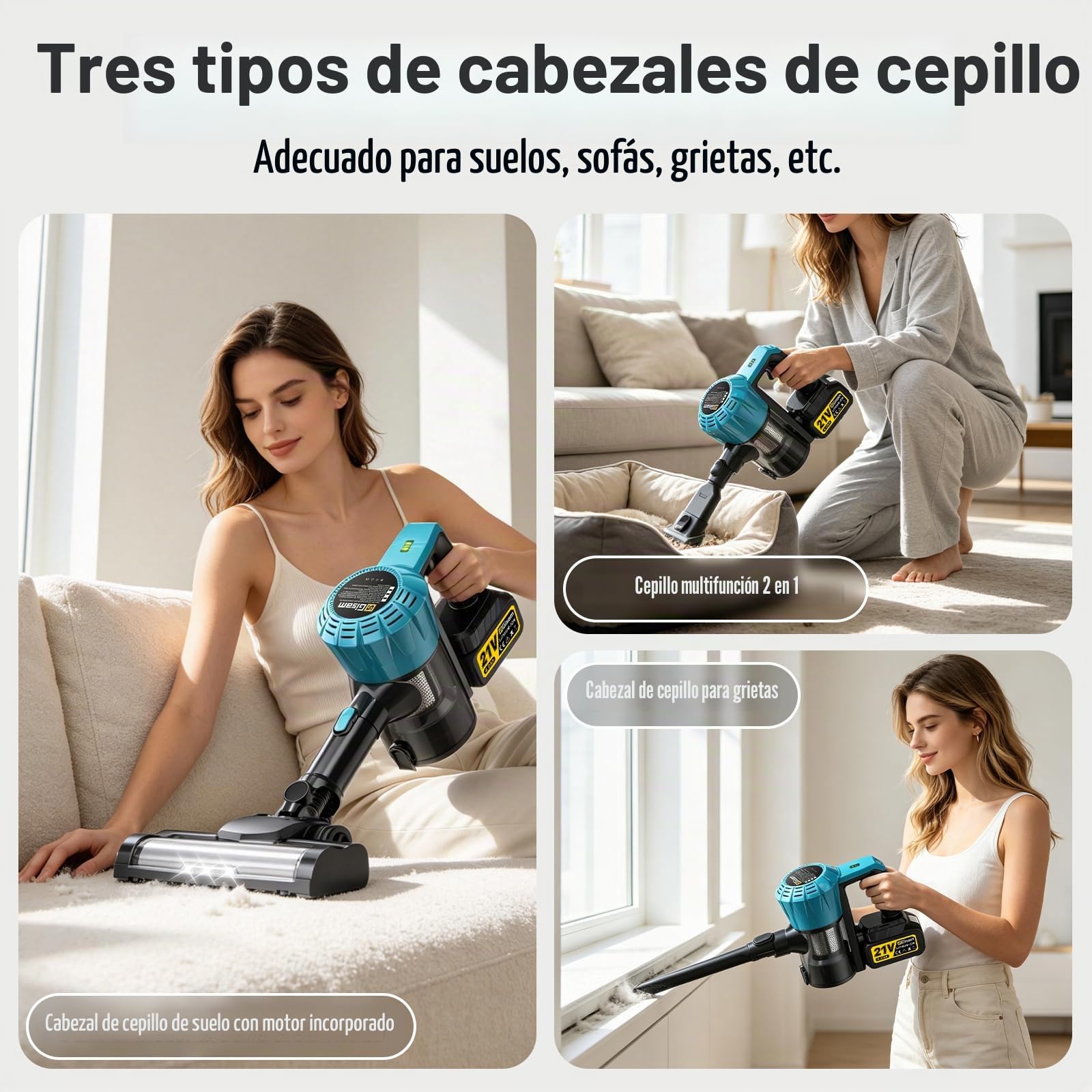 Gisam Aspiradora inalámbrica 55000 Pa/650 W/70 min, motor sin escobillas, con tres cabezales de cepillo diferentes, 1,6 L, cepillo antienredos, de pie para pelo de animales, alfombras, suelos duros