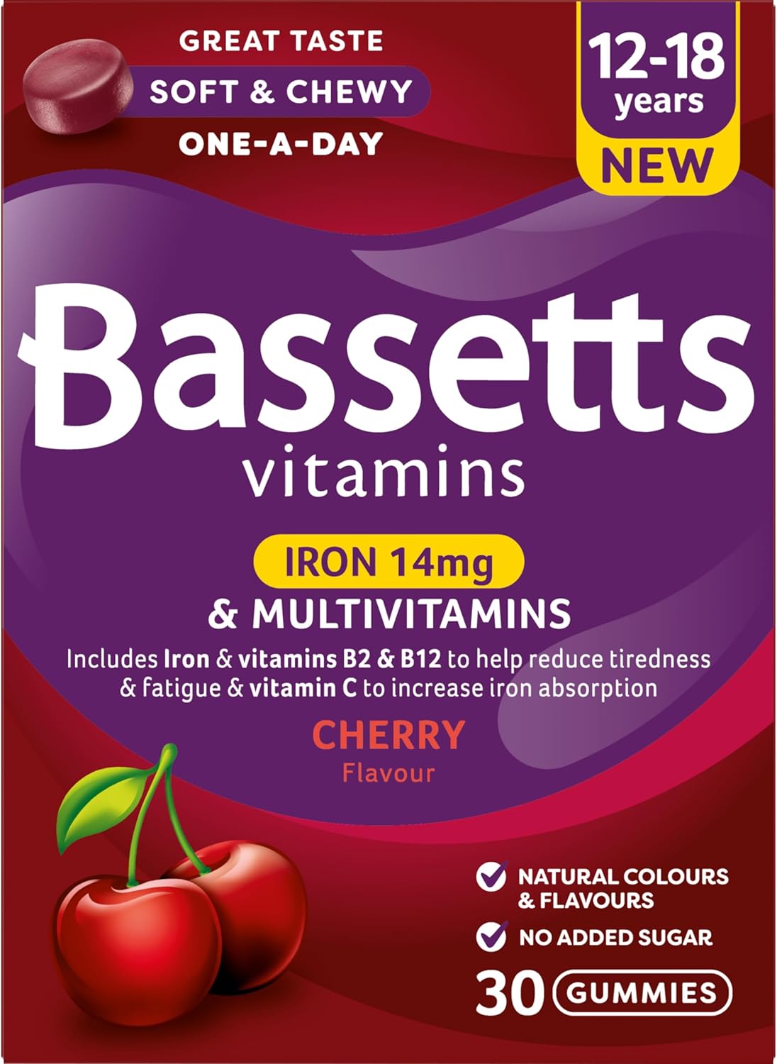 Bassetts Vitamins 12-18 Years Iron 14mg & Multivitamins Cherry Flavour 30 Gummies