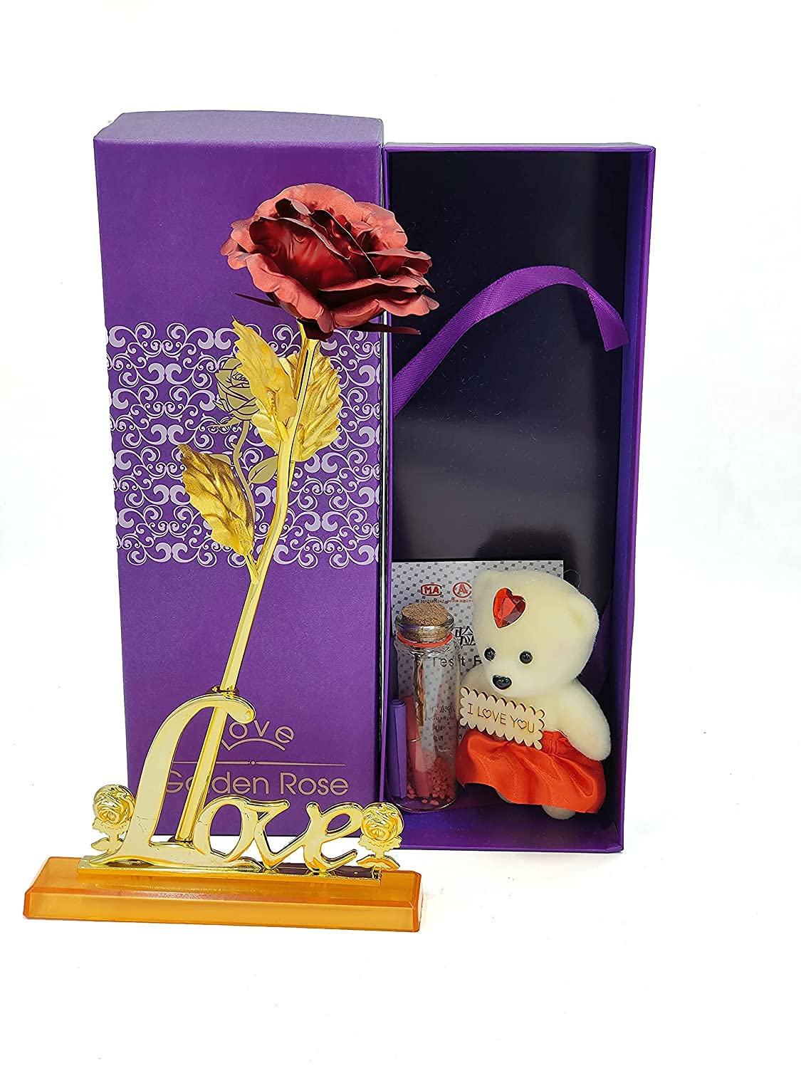 Yaayi Combo of Red Rose with Love Stand & Cute Little Teddy & 1 Message Bottle Hanging Love Inside Bottle with 2msg Paper-image-4
