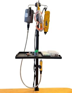 Rotary Tool Hanger with Storage Tray 33.5 in Flex Shaft Stand | removable 13.7x6.5 in tray, 6.6 lb tray load, 28mm steel tube, 4mm C-clamp, 7.7 lb per hook, jewelry carving workshop