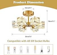 Vista 2 de BOKT Lámpara Sputnik moderna de latón antiguo de montaje empotrado de oro cepillado de mediados de siglo, lámpara de techo semiempotrada de 6 luces