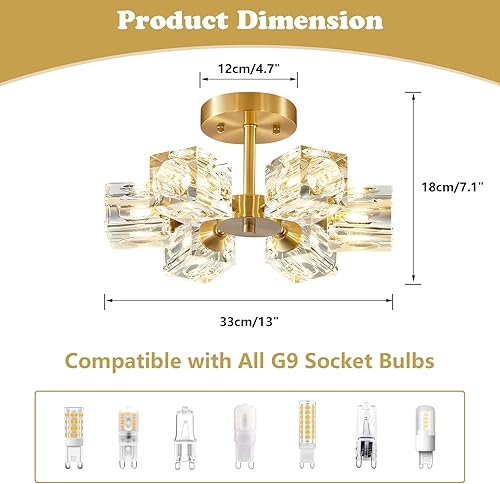 Miniatura 2 de BOKT Lámpara Sputnik moderna de latón antiguo de montaje empotrado de oro cepillado de mediados de siglo, lámpara de techo semiempotrada de 6 luces