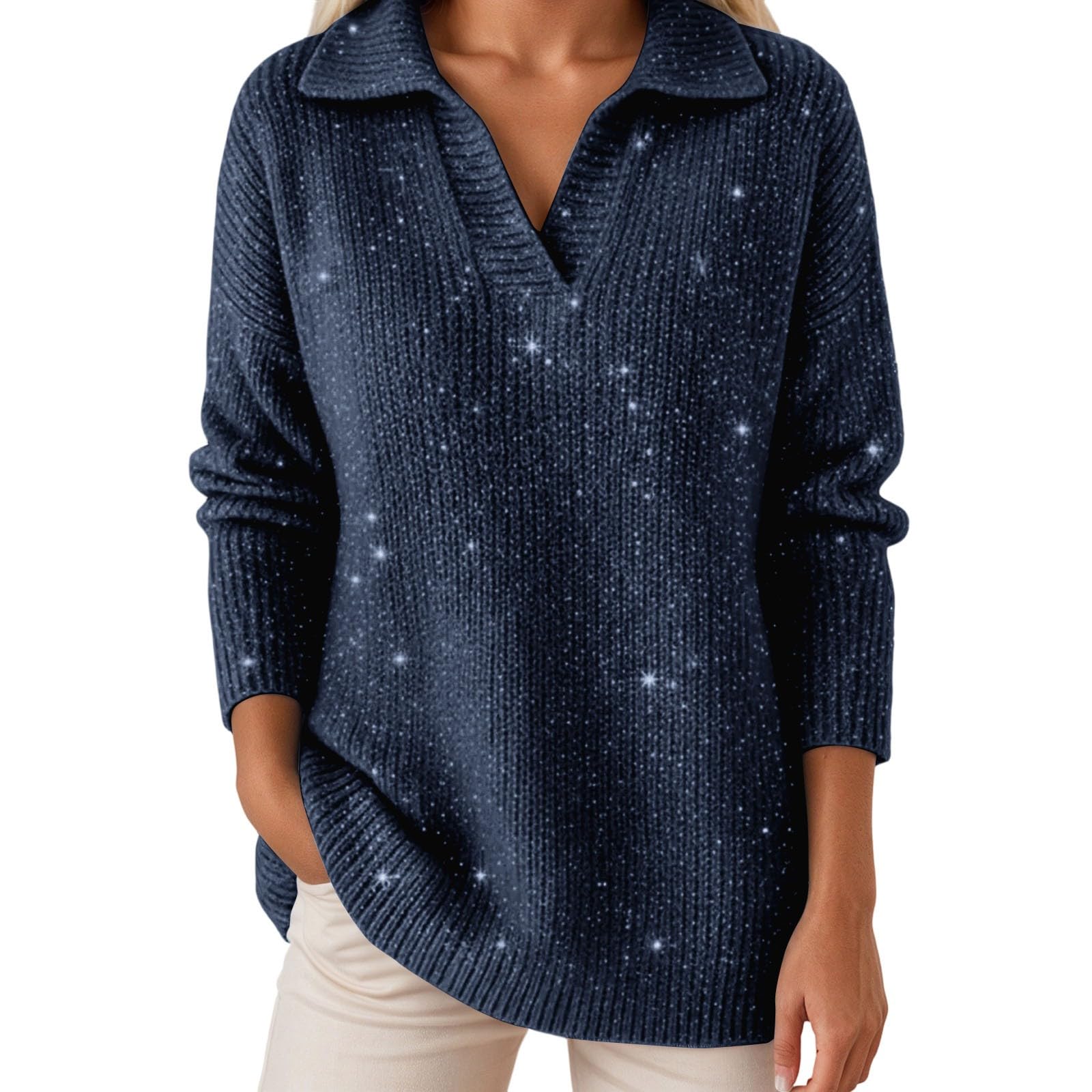 Womens Starry Sky Gradient Sweater Shirts Lapel Polo V Neck Long Sleeve Knit Pullover Casual Top Jumper Y2K