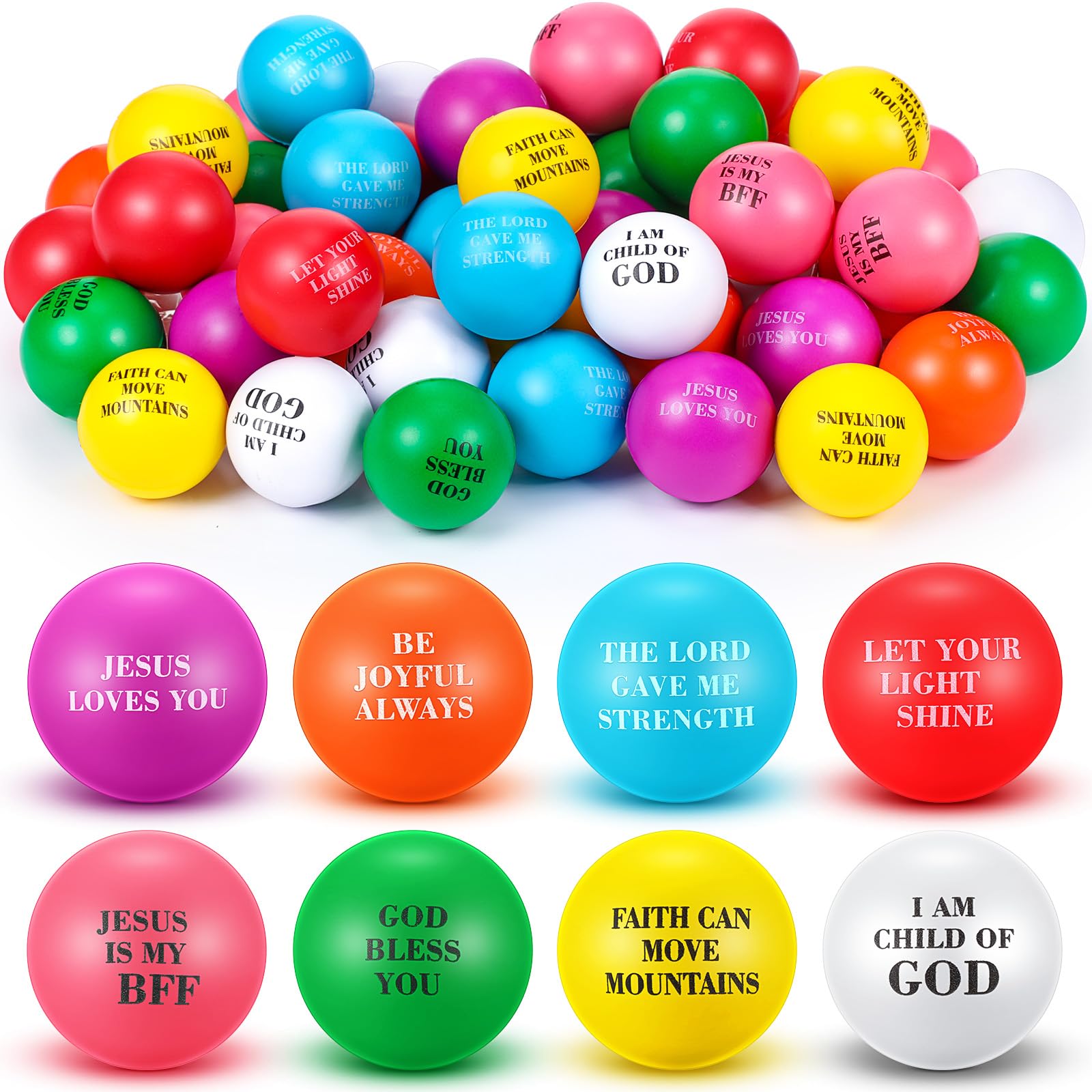 48 Pcs Christian Stress Balls Bulk for Kids Bible Verse Motivational Stress Balls Colorful Religious Fidget Relief Toys for Christian Party Favors