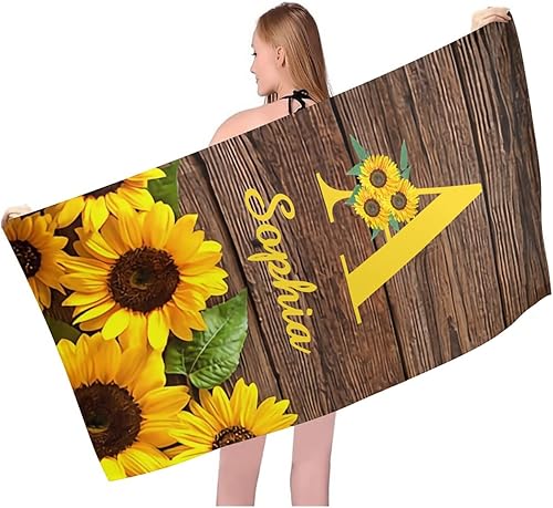 Miniatura 2 de Toalla de playa personalizada con diseño de girasoles con alfombrilla de nombre de 30 x 60 pulgadas, manta grande para mujeres, hombres, niños y