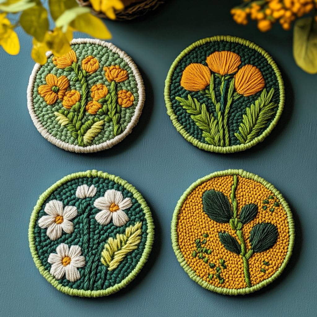 4 Set DIY Punch Needle Coaster Kits Beautiful Cute Flowers Field Easy for Beginners with Adhesive Felt Hoop Punch Needle Embroidery Starter Set with Pattern for Drink Cups Mat Home Decor-14