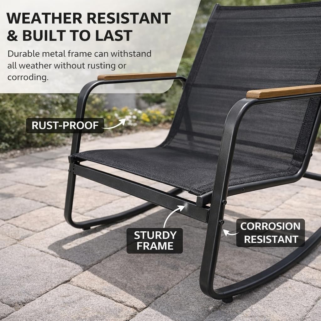 4-Piece Outdoor Patio Furniture Set with Chairs Tempered Glass Coffee Table Powder-Coated Steel Frame Metal Conversation Sets for Backyard Porch Balcony(Black)