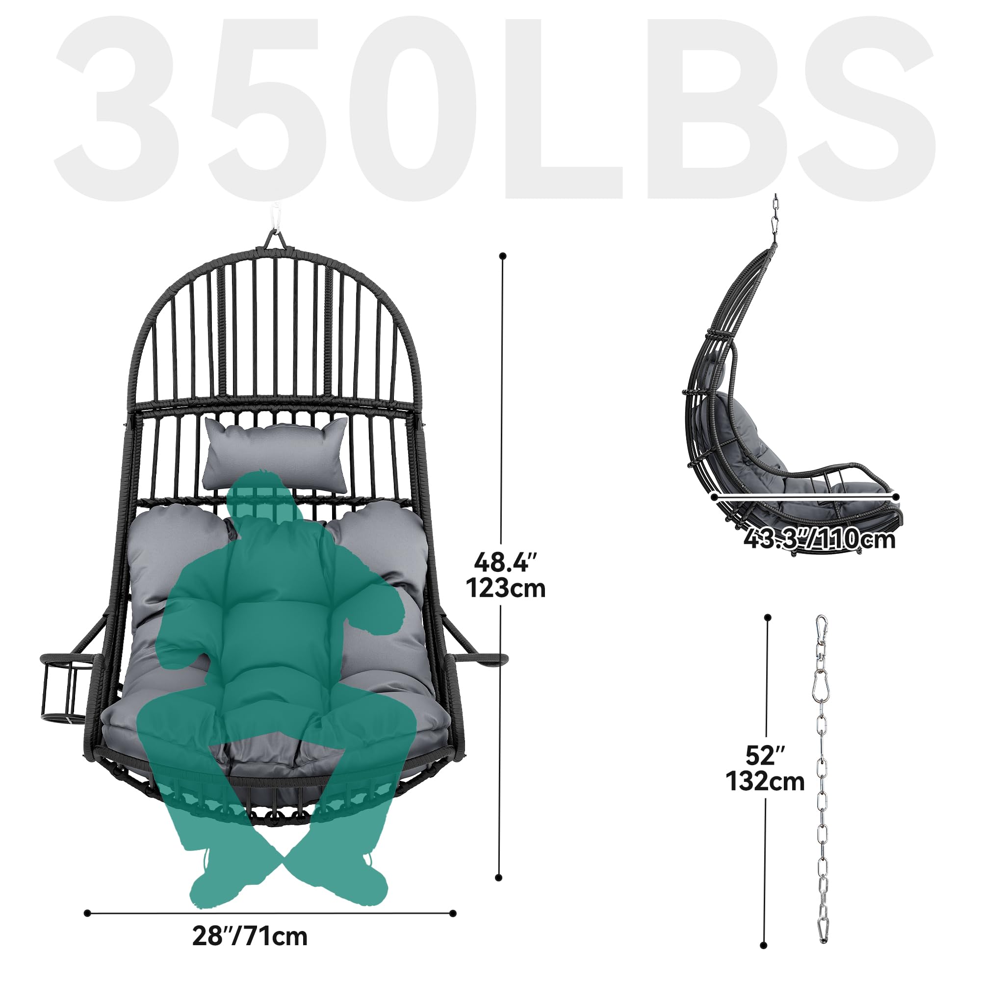 YITAHOME Silla Colgante de Ratán (150 kg), con Cojín y Portavasos, Gris