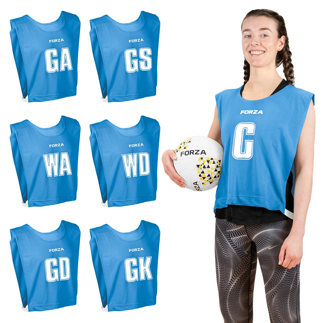 FORZA Pro Netball Bibs [7 Pack] | Full Netball Player Position Bib Pack Available in 7 Colours - Breathable and Comfortable Bibs for Schools & Clubs (Blue, Medium)