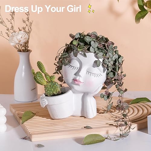 Miniatura 6 de Macetas de cara para plantas de interior, macetas dobles lindas para flores y suculentas con agujeros de drenaje, ideas de regalo ideales (dama