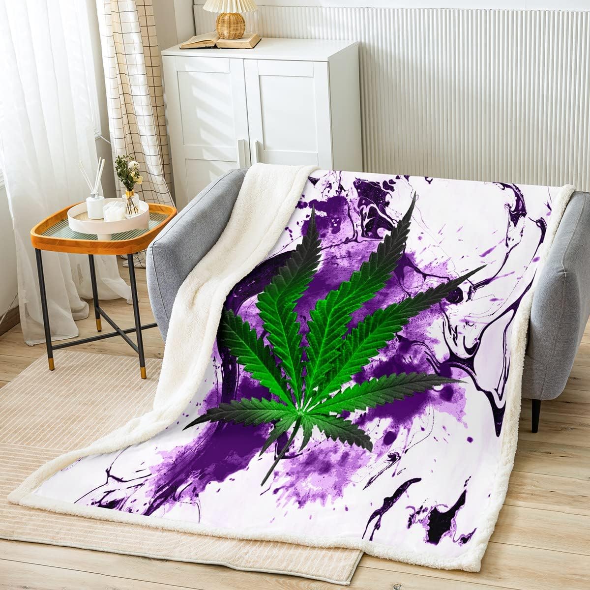 Marijuana Weed Throw Blanket Women Men Cannabis Leaf Sherpa Blanket for Bed Sofa Couch Green Weed Purple Tie Dye Fleece Blanket Chic Marble Fuzzy Blanket Room Decor Flannel Blanket 40"x50" M