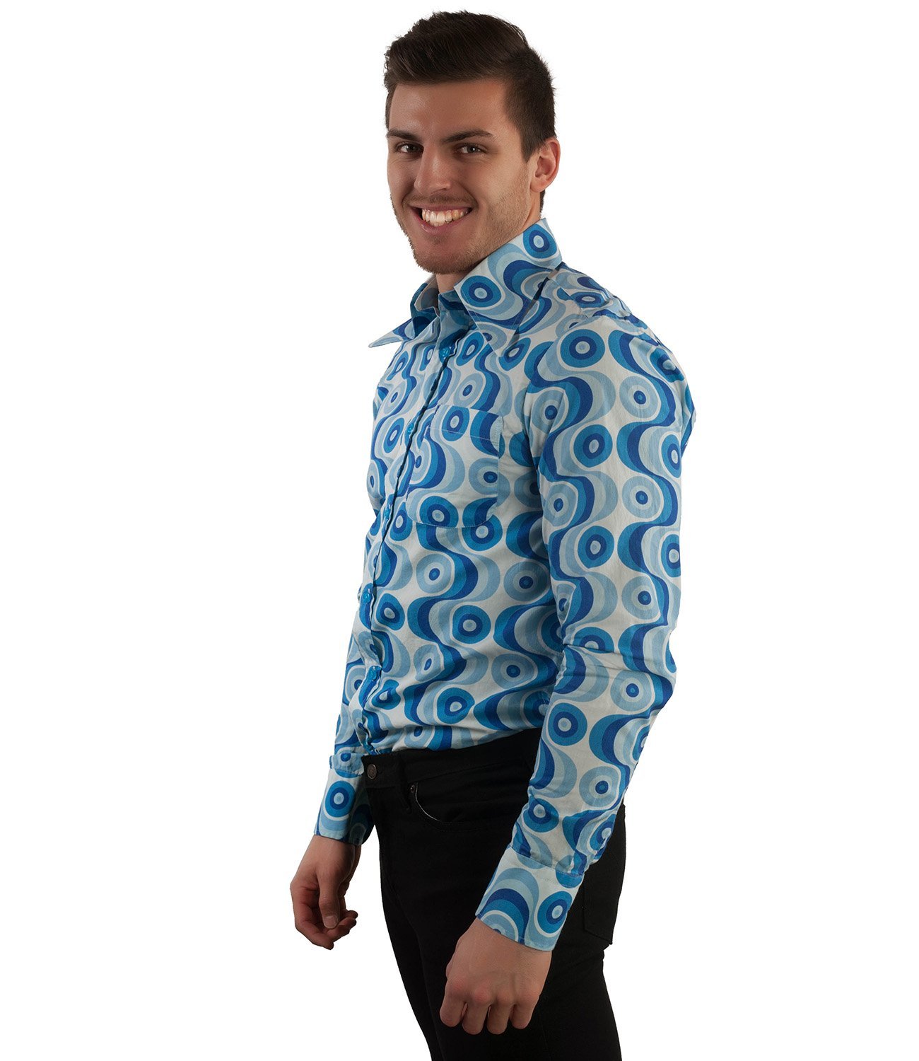 Comycom 70er-Jahre Muster Herren Freizeithemd Waves blau - Slimfit Partyhemd für 70er-Party, Schlager-Party oder als Disco-Outfit