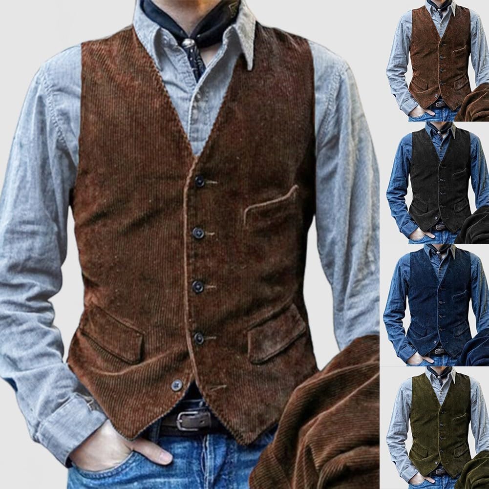 Gilet da uomo in velluto a coste con vestibilità aderente e bottoni sul davanti, stile vintage britannico, senza maniche, per tutte le stagioni