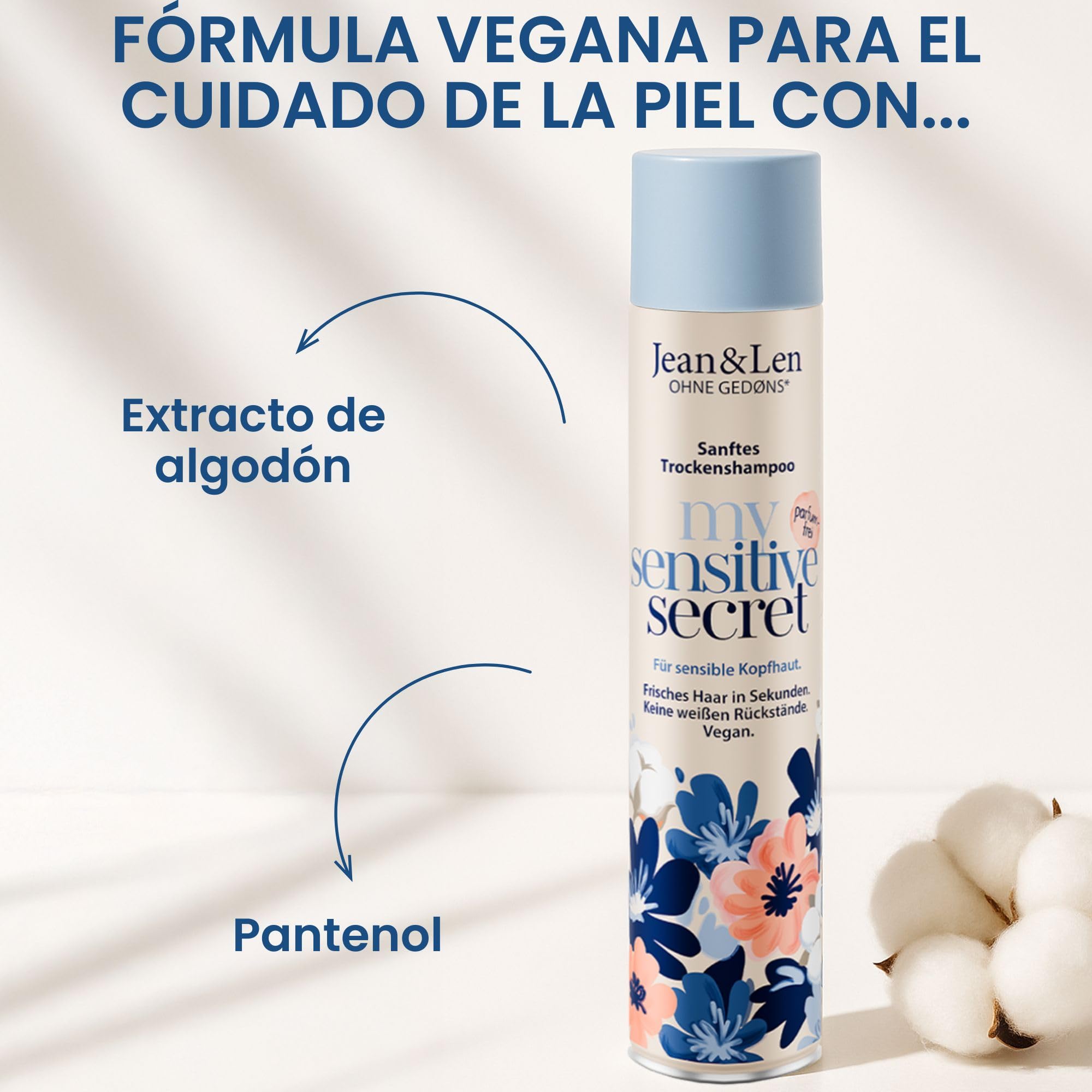 Jean & Len champú en seco my sensitive secret, para cuero cabelludo sensible, con extracto de algodón y pantenol, ayuda con las raíces grasas, sin restos blancos, sin perfume, 200 ml