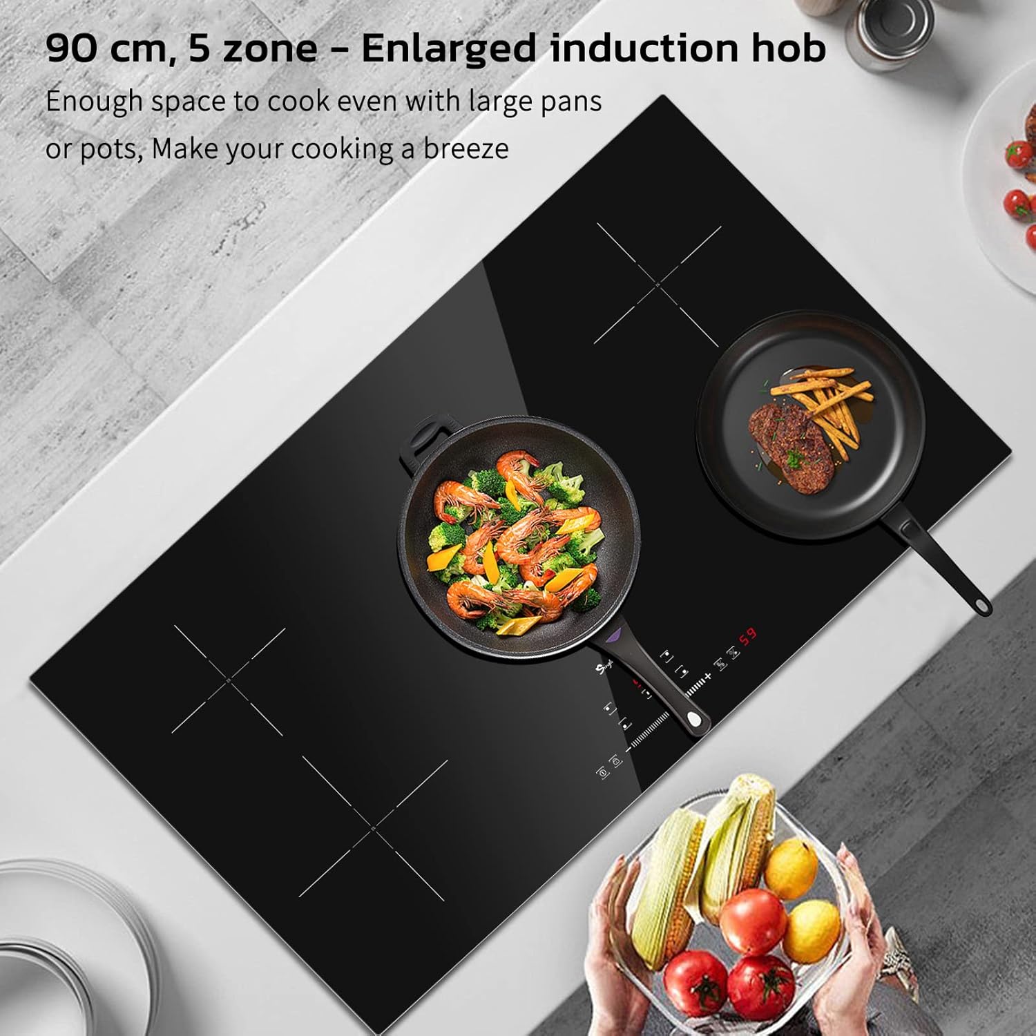 singlehomie Piano cottura induzione 5 fuochi, Piastra da 90 cm incasso, Basso rumore, Riscaldamento uniforme, con Blocco bambino, Protezione dallo spegnimento automatico, Funzione timer, 9300W, Nero